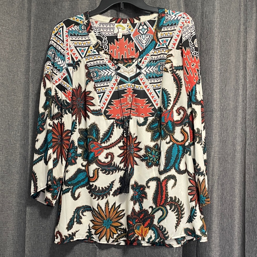 Fig and Flower Vibrant Geometric Floral Blouse